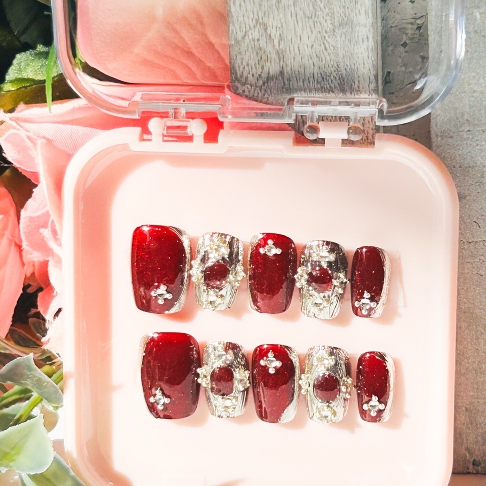 Red and Silver Press-On Nails